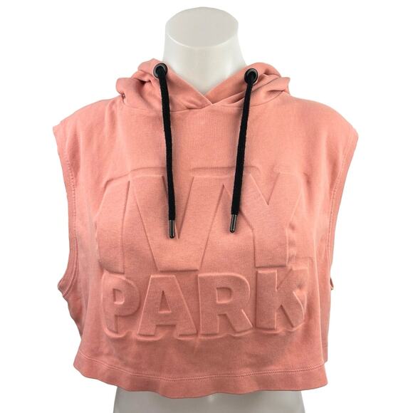 Ivy Park Pink Sleeveless Embossed Logo Hooded Sweatshirt Boxy Cropped Tank Top M - Picture 1 of 5